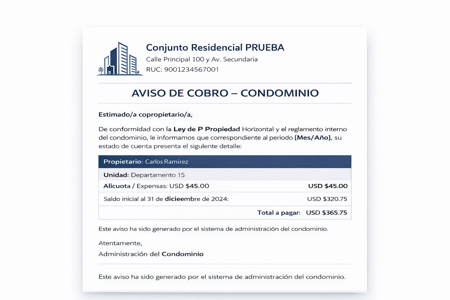 Modelo de aviso de cobro para condominios en ecuador ley de propiedad horizontal